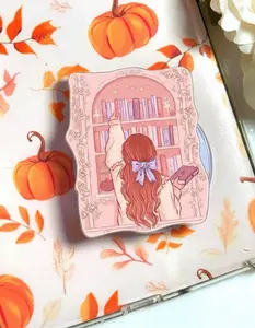 Coquette Bookish Girl Phone Grip - Pastel Pink Aesthetic Bookshelf Griptok - Cute Girl Reading Phone Holder - Cottagecore Book Lover Gift for Her - Romantic Library Aesthetic Accessory