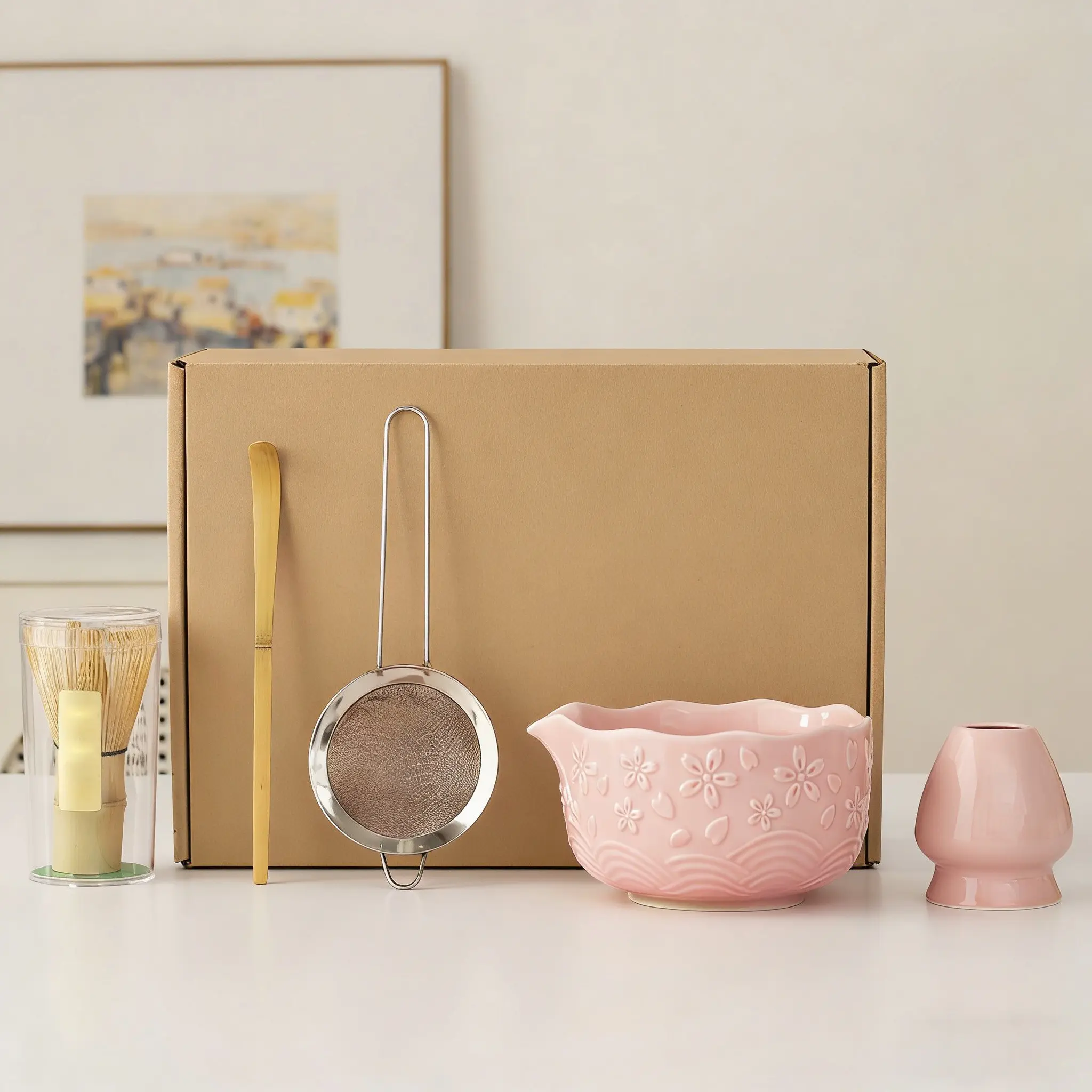 5-Piece Ceramic Matcha Kit Set, Adorable Cherry Blossom Design, Traditional Japanese Tea Making Tools, Matcha Bowl Spout, Matcha Whisk, Perfect for Home Use