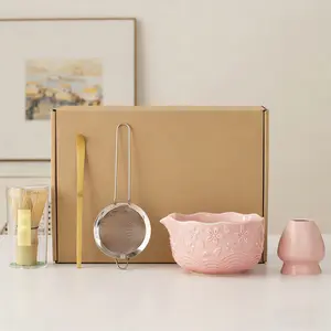 5-Piece Ceramic Matcha Set, Adorable Cherry Blossom Design, Traditional Japanese Tea Making Tools, Matcha Bowl Spout, Matcha Whisk, Perfect for Home Use