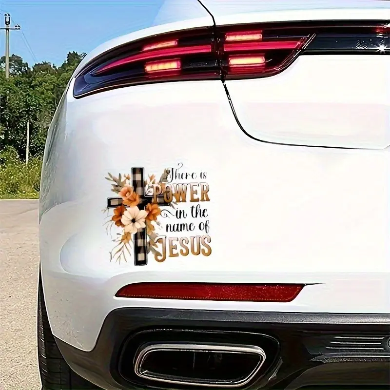 Inspirational 'power in Jesus Name' Sticker with Fall Floral Cross Design, Durable Vinyl for Bumper Laptop Window Wall Decor, Sticker For Cars, Car Decals