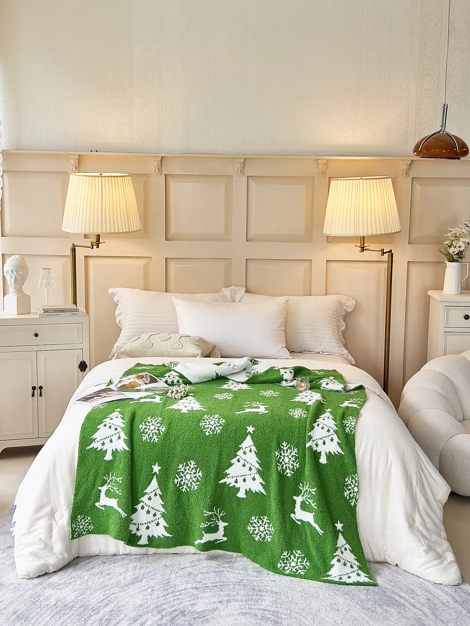 Feather yarn Throw Blanket Merry Christmas Snowflake Deer Pine Holiday Gift Camping Outdoor Warmth 51 x 63 Inch