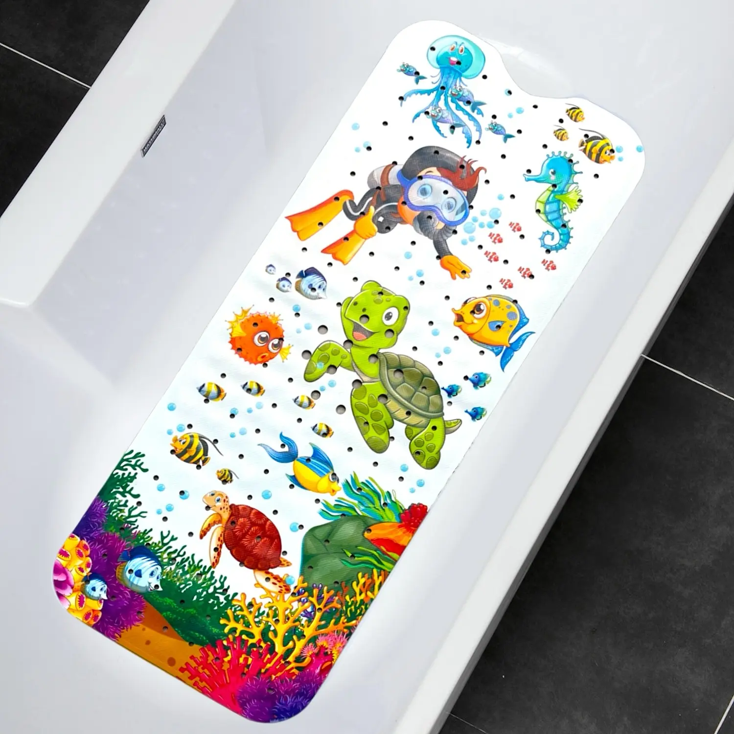 1pc Anti-slip Bath Mat for Tub, Bathtub Mat Non Slip, Non Slip Cartoon Bath Tub Shower Mat with Drain Holes and Suction Cups Machine Washable, Turtle SeaHorse, Ocean theme Bathroom Mat, Nonslip Bathtub Mat, Home Decor