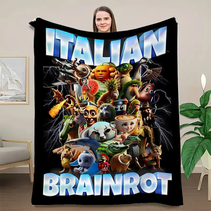 Italian Brainrot Whimsical Collage Flannel Blanket, throw blanket，Quirky Characters & Bold Typography, Super Soft Warm Throw for Pop Culture Enthusiasts Boy's gift Girls' gifts Christmas gift summerwins