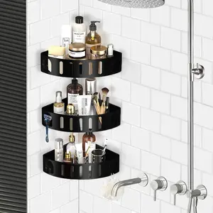 Corner Shower  with Shelves & Shaving Holder - Rust-Proof Aluminum Alloy, No Drill Adhesive Mount, Spacious Bathroom Organizer for Shampoo, Conditioner, Razors & Bathroom Accessories Black 3Pack