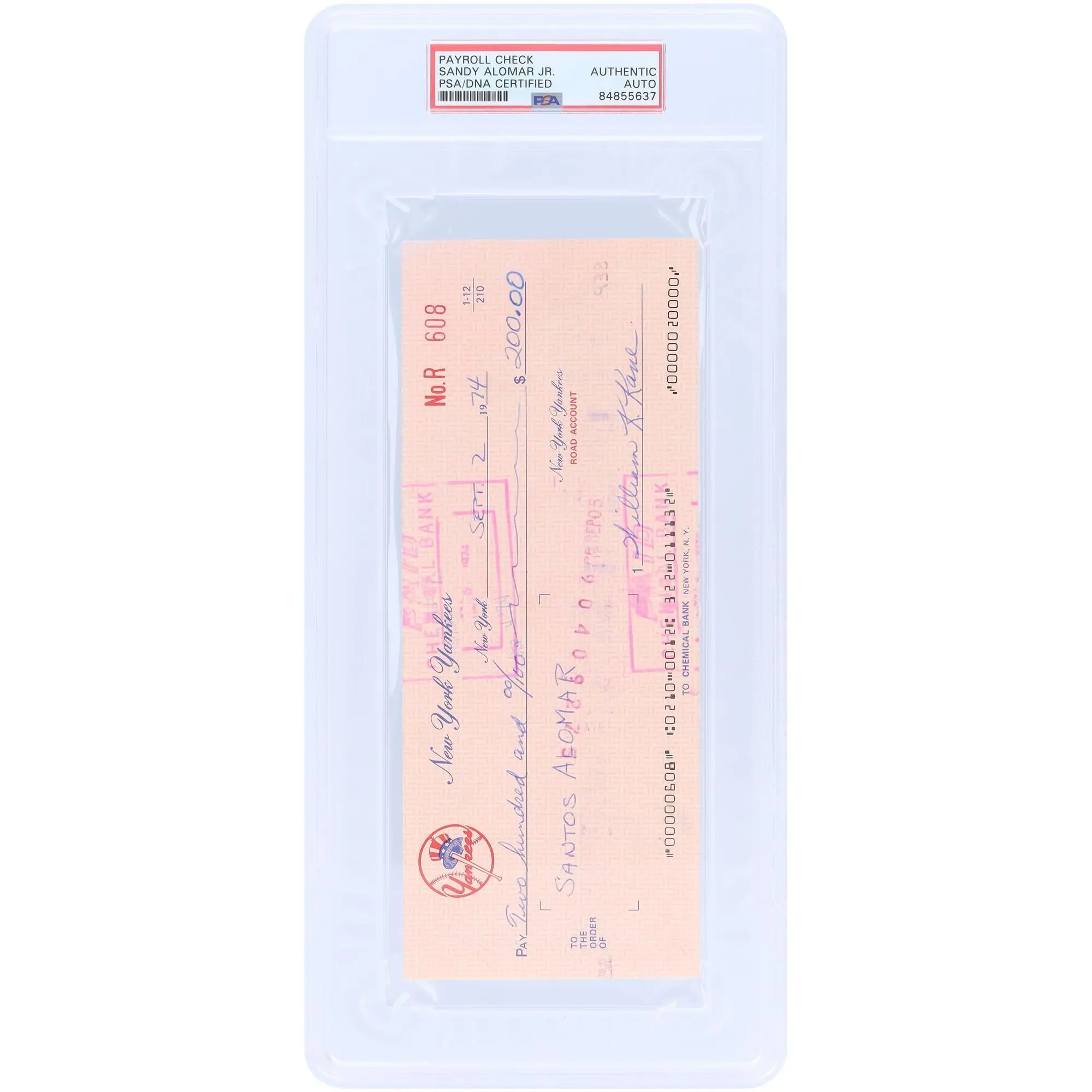 Sandy Alomar Jr. New York Yankees Autographed Check from September 2, 1974 - PSA 84855637 - Fanatics Authentic Certified