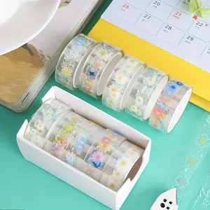 5 Rolls Transparent Decorative Tape, PET Waterproof Self-Adhesive Flower Daisy Pattern Decorative Masking Sticker, Floral Pattern Sticker, Clear Tape For DIY Scrapbooking, Crafts, Gift Wrapping, Easter Handwork