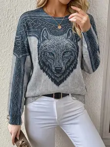 Elegant Women's Knit Sweater, Print Effect, Wolf Head Design, Colorblock Fashion, All-Season Wear, Daily