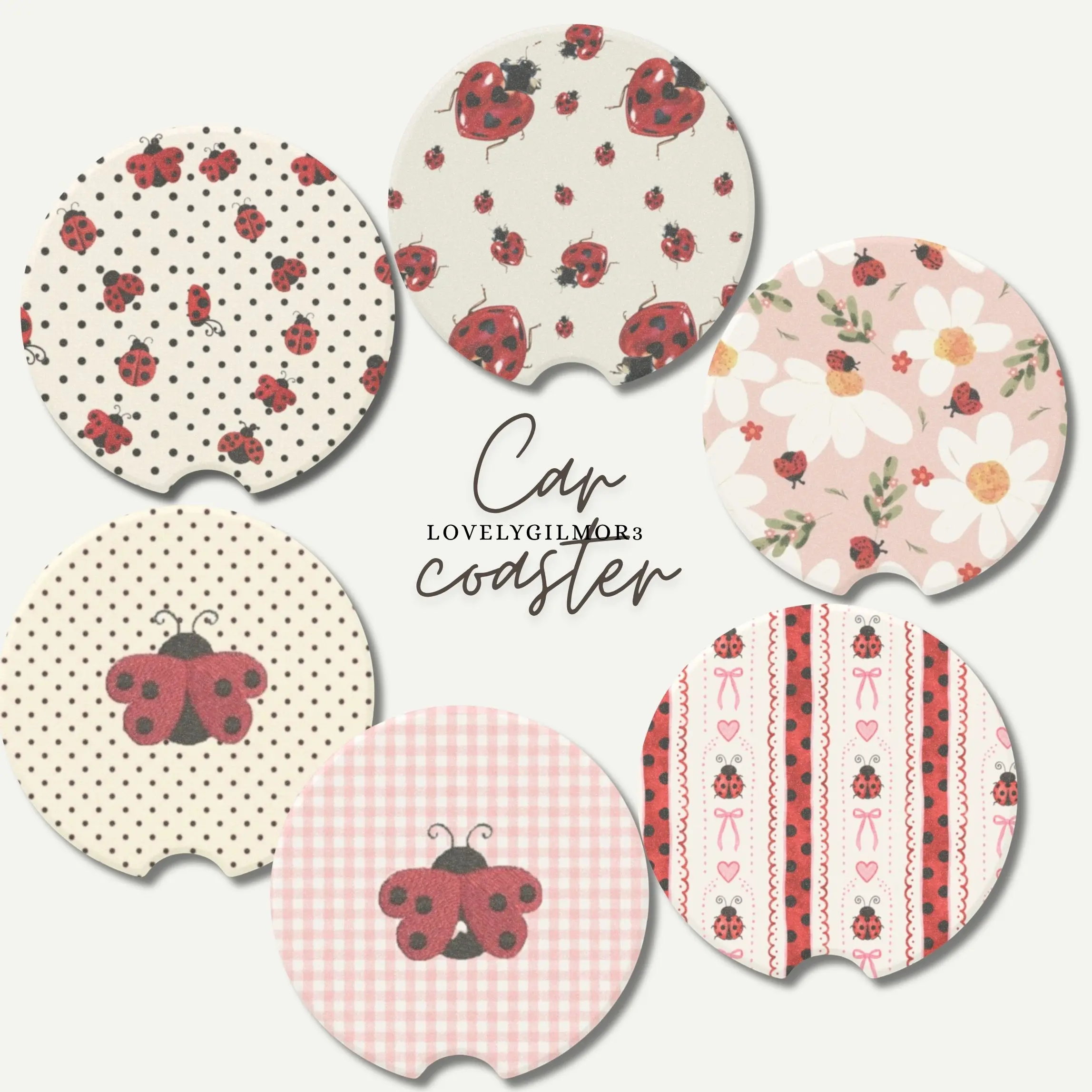 Ladybug Car Coasters Set, Cute Floral Car Accessories, Pink Coquette Car Decor, Polka Dot Absorbent Ceramic Cup Holder Coasters, Girly Auto Gift