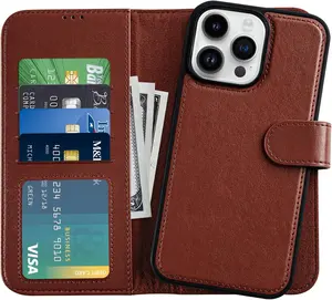 Compatible with iPhone 13 Pro Max Wallet Case - Detachable Flip Folio Cover - RFID Blocking 4 Card Slots Holder - Premium PU Leather Magnetic Kickstand -Protective Phone Case 6.7" Glossy Brown