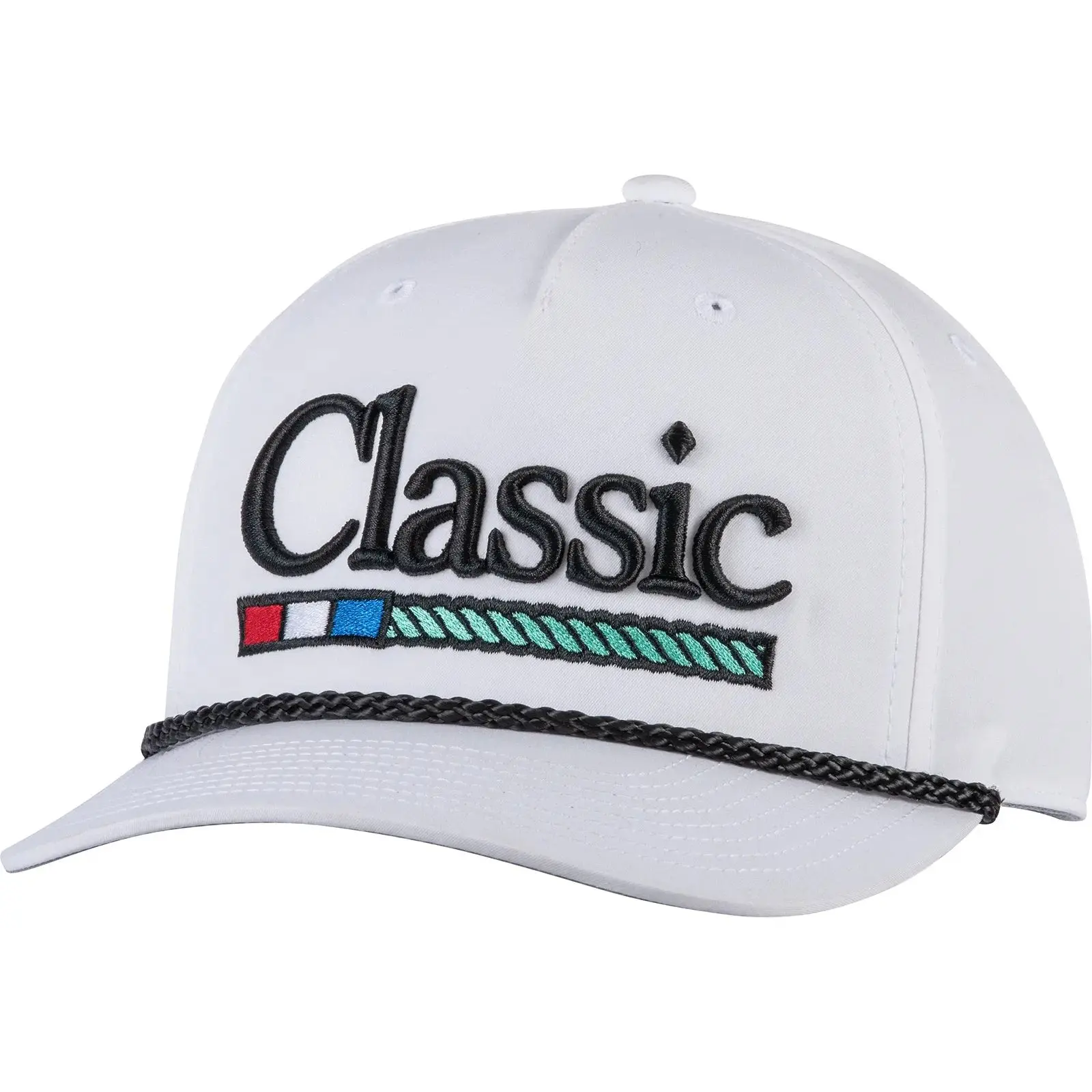 Classic Ropes White Sport Snapback Cap with Black Embroidered Logo