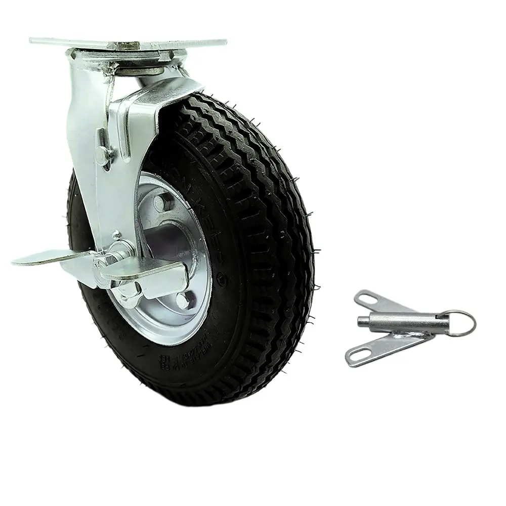 212 MAIN SCC-100S280-PNB-TLB-BSL Heavy Duty Metal Ball Casters, 8 in. Black Pneumatic Rubber Wheel, Top Brake, Bolt-On Swivel Lock, 300 lbs Capacity, Enhanced Noise Reduction for Food Carts & Luggage Carts