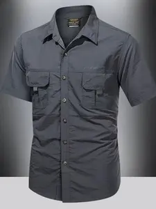 Men's Summer Short Sleeve Shirt, Quick-Dry Fabric, Multiple Pockets, Breathable Comfort, Casual or Workwear, Asymmetrical Design, Fitted Style