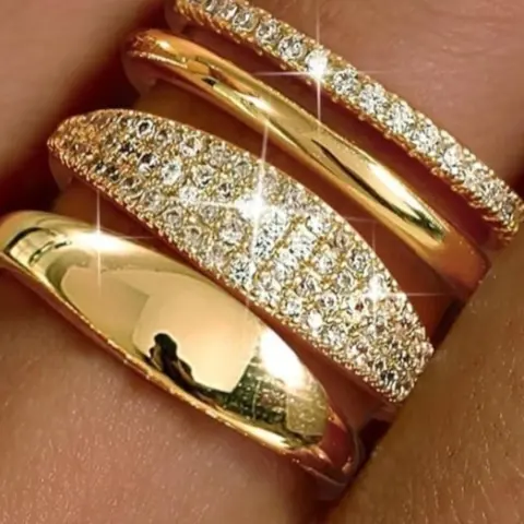 4-Piece Elegant Gold-Tone Stackable Ring Set for Women, Dainty Cubic Zirconia Bands, Minimalist Trendy Statement, Wedding Engagement Promise Rings, Sizes 5–10