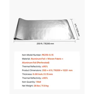 VEVOR Double Reflective Insulation Roll, Perforated Woven Fabric Radiant Barrier, 0.15mm 48 inx 250 ft, Double-Sided Aluminum Foil Heat Reflective Shield, Thermal Insulation Roll for Window RV Roof