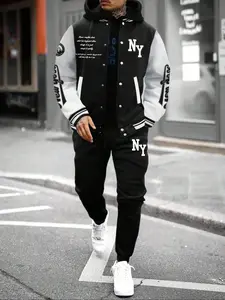 Men's Letter Print Slogan Baseball Jacket & Pants Two-piece Set, Loose Casual Long Sleeve Baseball Collar Outerwear & Trousers for Daily Wear, Men's Two-piece Outfits for Fall & Winter, Matching Clothing Set