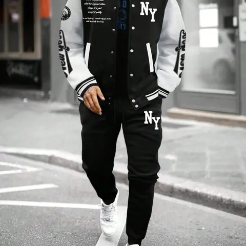 Men's Letter Print Slogan Baseball Jacket & Pants Two-piece Set, Loose Casual Long Sleeve Baseball Collar Outerwear & Trousers for Daily Wear, Men's Two-piece Outfits for Fall & Winter, Matching Clothing Set