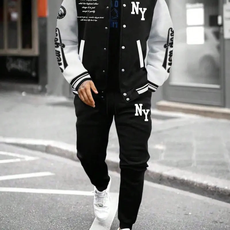 Men's Letter Print Slogan Baseball Jacket & Pants Two-piece Set, Loose Casual Long Sleeve Baseball Collar Outerwear & Trousers for Daily Wear, Men's Two-piece Outfits for Fall & Winter, Matching Clothing Set