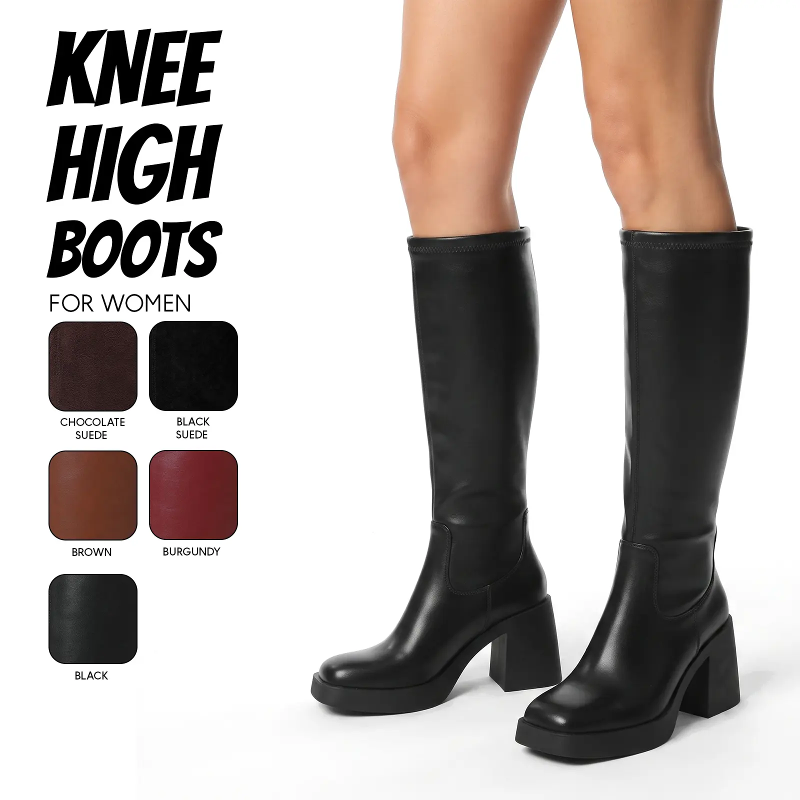 Knee High Boots For Women Go Go Boot Square Toe Chunky Block Heel Side Zipper Comfy Wide Calf Easy Pull on Festival Rave Date Party Work Casual Wear Retro Burgundy Fashion Long Tall Dressy Girl Fashion Boot