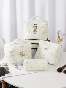 Quilted Makeup Bag Set, 1 Set/ Multi-functional Travel Makeup Bag with Double Zipper Design, Travel Essentials, Dormitory Essentials, Cosmetics Organizer