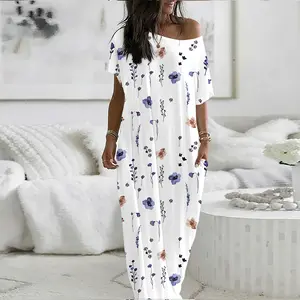 ChicMe Women's Watercolor Floral Print Maxi Dress Skew Neck Short Sleeve Casual Loose Fit Loungewear Nightgown with Pockets Boho Summer Long Dress