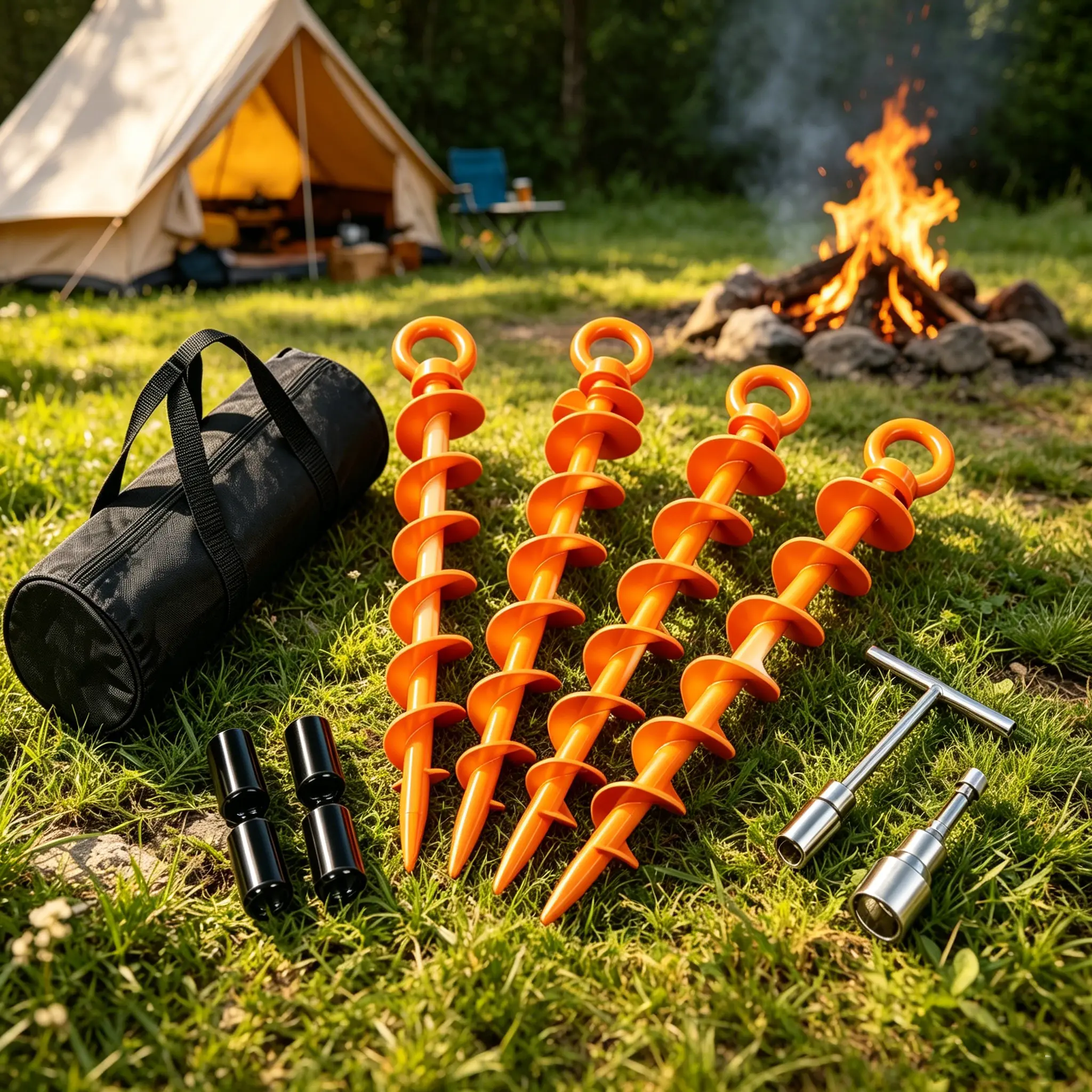 Heavy Duty Ground Anchor Kit, 4-Pack 15-Inch Solid Steel Spiral Stakes for Tents, Canopies, and Gazebo Outdoor Patio, Firm Hold, Windproof Hold, Secure Anchor, Spiral Blade, Outdoor Setup, Easy To Install, High Load Bearing, Deep Soil Spiral Grip, Anti-Lo