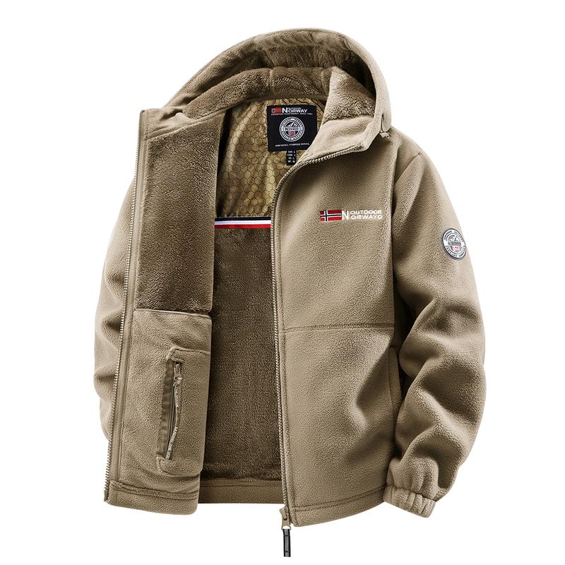 Men's Outdoor Heavyweight Fleece Jacket - Double-Sided Warm Hooded Coat with Full Zip, Multi Pockets & Machine Washable Polyester for Camping Hiking Casual Wear