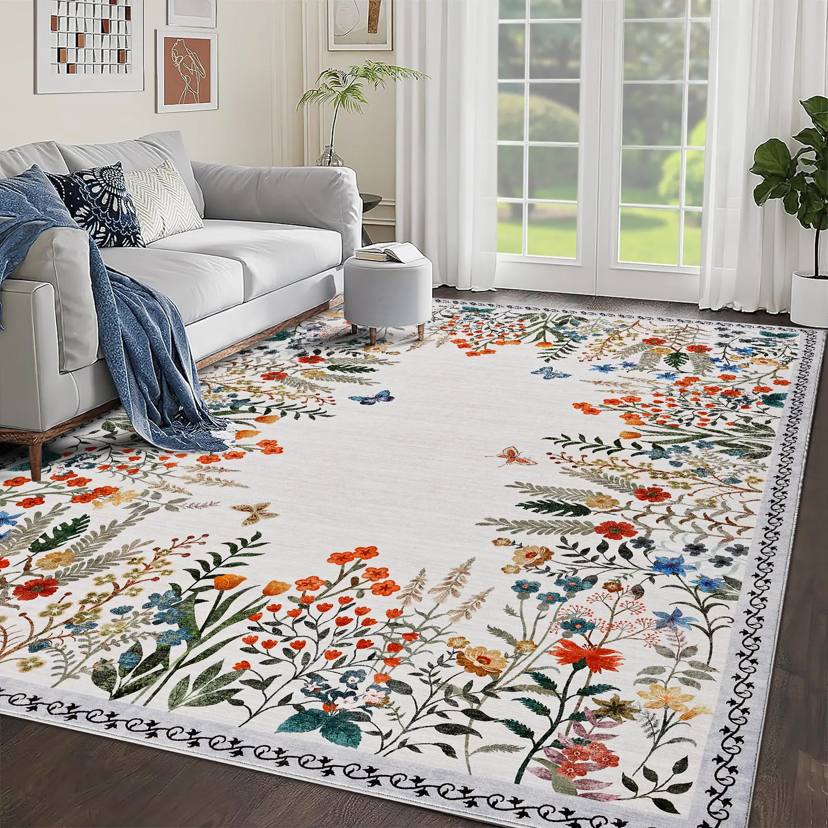 Large Washable Area Rug for Living Room - Non-Slip Soft Floral Botanical Carpet - Decorative Blue Rug for Bedroom & Dining Room