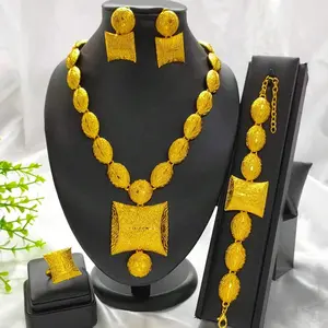 New Dubai African Bead Jewelry Set for Women Party Gifts Wedding Accessories 24K Gold Color Necklace Ring Bangle Earrings Sets