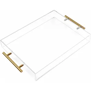 12"x12" Clear Acrylic Serving Tray with Golden Handles, Sturdy Huge Capacity Acrylic Tray for Coffee, Juice, Kitchen and Desk Organizer, Storage Tray ,12"x12"