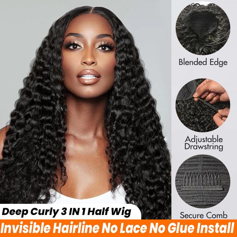 MYLOCKME Half Wig Deep Wave 3 IN 1 Human Hair Glueless Deep Wave Wig Machine Made Clip-in Upgrade 200% Kinky Straight Invisiable Flip Drawstring Wig