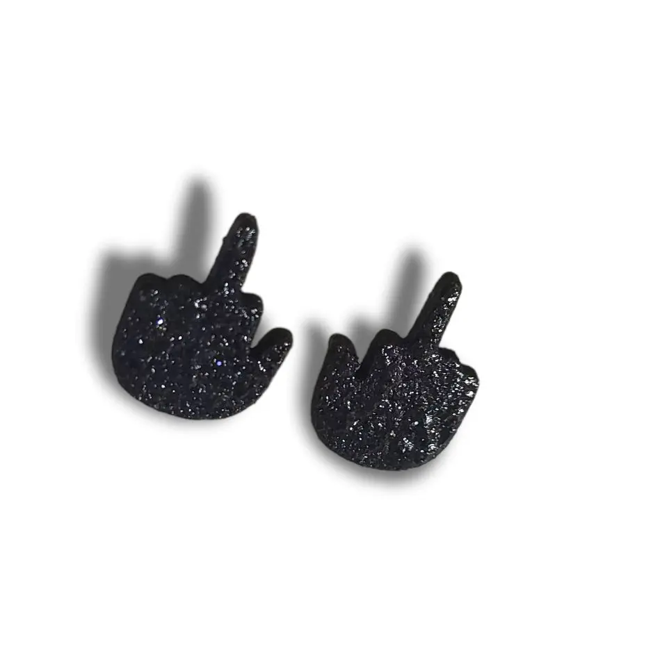 Middle Finger Stud Earrings Handpainted Wooden Laser Cut Personalized Unique Design Glam Jewelry Multiple Color Choice Black Glitter