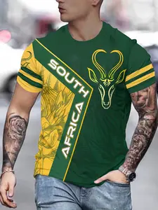 Men's South African Tribal Style Soccer T-Shirt with Rhino and Springbok Print, Bright and Short Sleeve Sporty Jersey for Football Training and Daily Wear，Limited-time offer, fast shipping