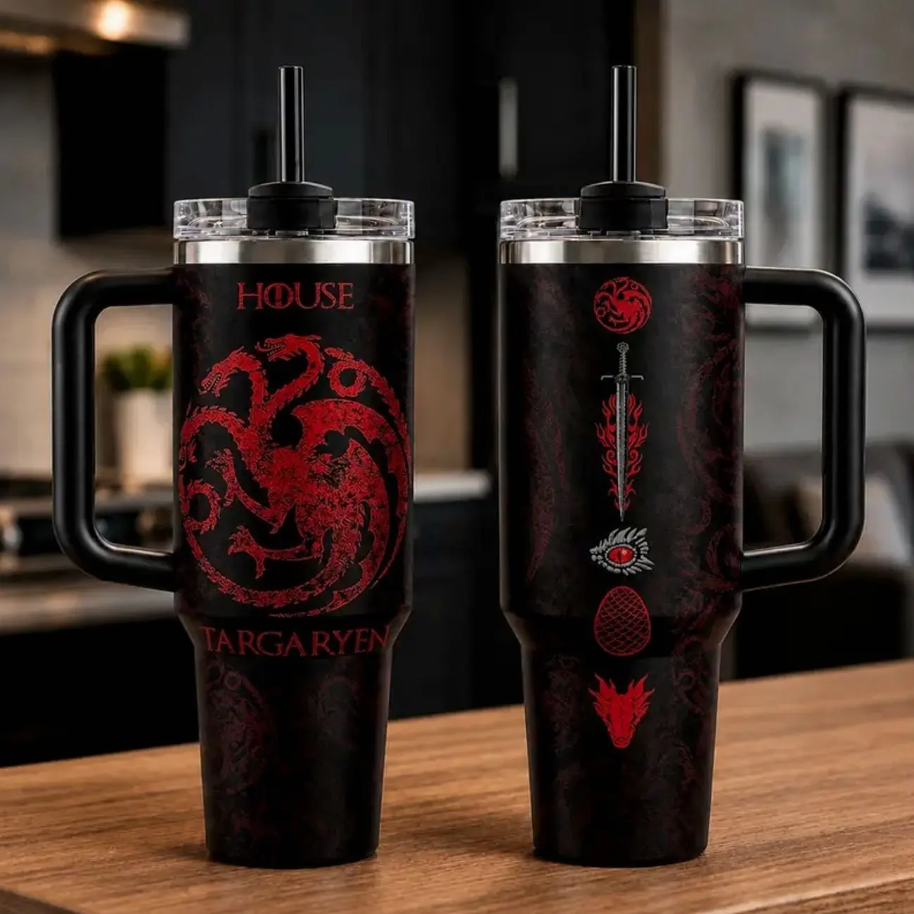 House of the Dragon 20/30/40oz Tumbler with Handle – House Targaryen Dragon Stainless Steel Travel Mug, Double Wall Vacuum Insulated Cup Gift for GOT Fans