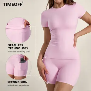 TIMEOFF Women's 2-Piece Seamless Workout Set - Short Sleeve Top, High Waist Biker Shorts with Side Pockets, Buttery Soft Stretchy Fabric, Tummy Control, No Ride-Up | Ideal for Gym, Yoga | Women's 2 Piece Sets