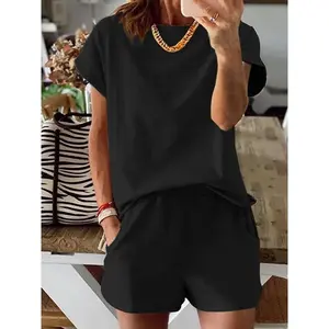 Women’s solid-color top set featuring a casual short-sleeved T-shirt and elastic-waist shorts—cute summer outfit for everyday wear GARMENTARY