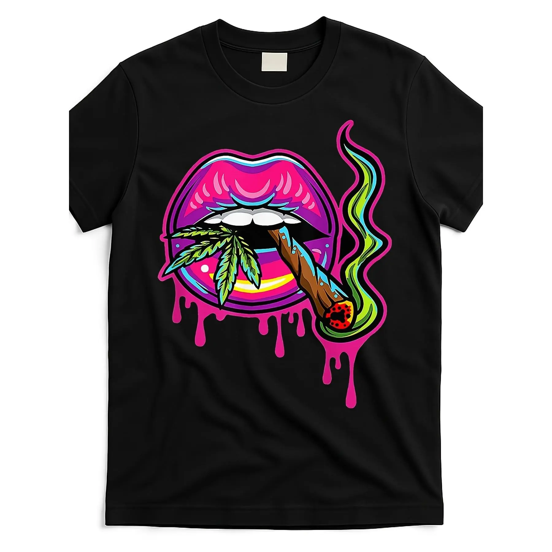 SageSprint Men's Retro 420 Graphic T-Shirt - Bold Lips & Teeth Design with Marijuana Leaf & Blunt Print, Soft Breathable Cotton Crew Neck Tee, Machine Washable Regular Fit Black Shirt for Casual Wear
