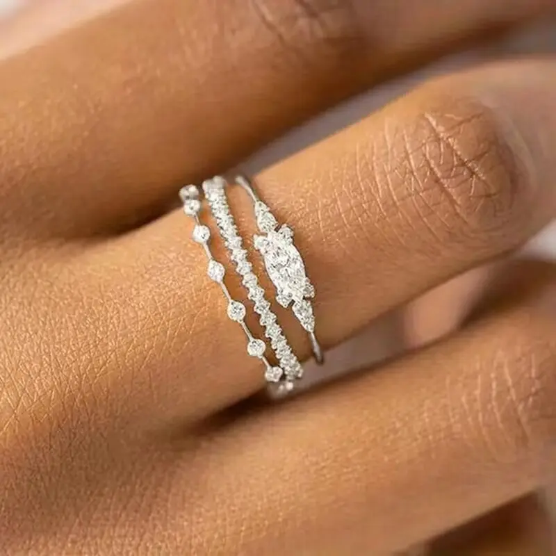 Women's Cubic Zirconia Marquise Stackable Ring Set - Gold-Silver Elegant Rhinestone Diamond-Like Rings, Dainty Lightweight Daily Jewelry for Business Casual Outfits, Gift for Women, Elegant Rhinestone Ring