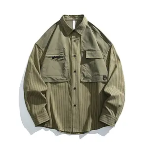 New for spring/autumn: Japanese retro workwear striped patchwork long-sleeve shirt with a design-forward aesthetic—loose fit with large pockets at the hem; unisex/couples style; design-patchwork striped long-sleeve workwear shirt.