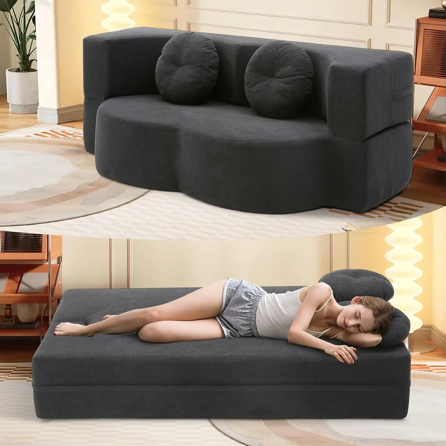 75.5" Convertible Folding Sofa Bed, 2-in-1 Twin Size Loveseat Sleeper Couch Bed with Two Pillows, Foldable Space-Saving | Design for Dorms Apartments Bedroom,No Assemble(Black)