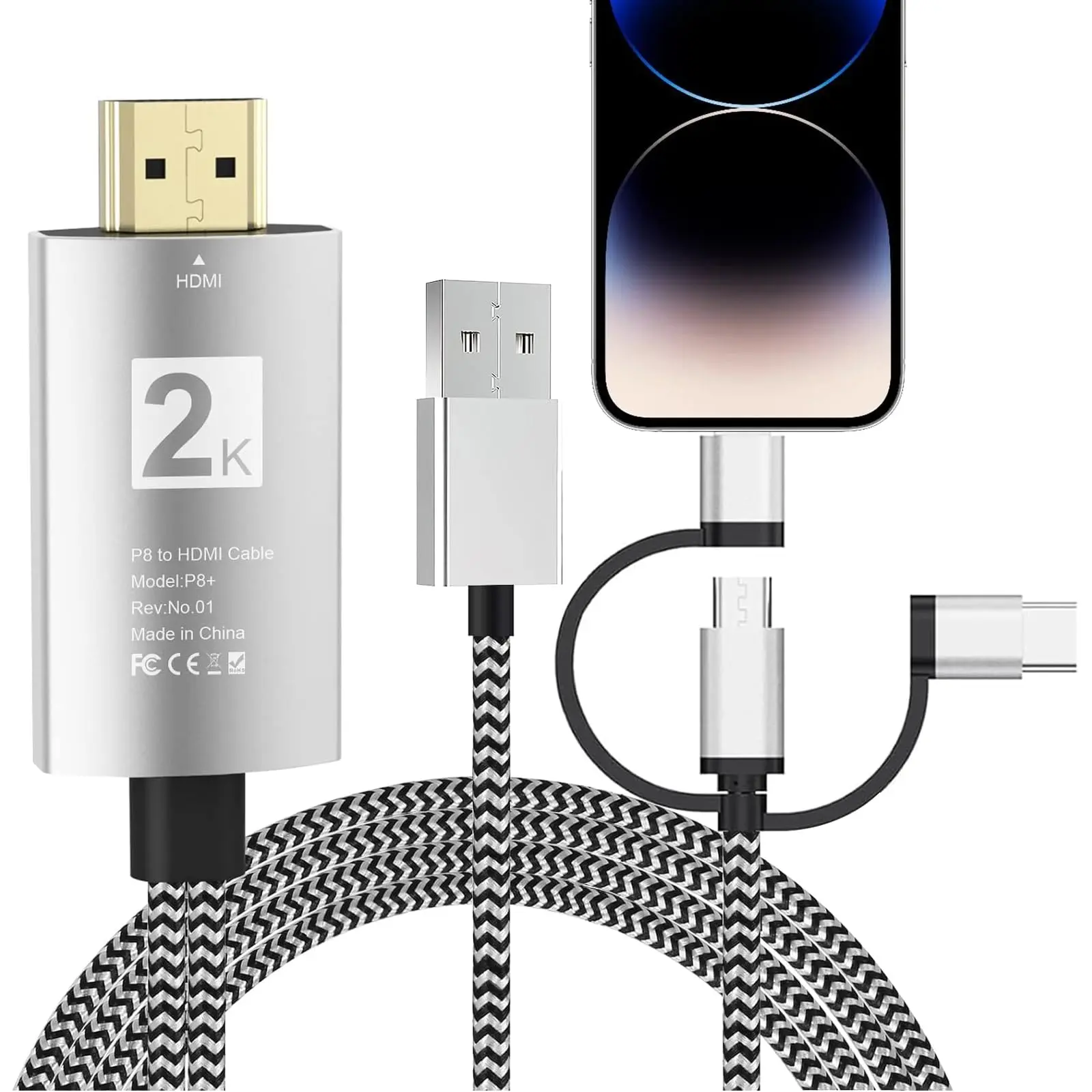HDMI Adapter for TV, Phone to TV 3 in 1 Sync Screen MHL 2K Connector Cable 1080P Digital AV Adapter Compatible for Lighting USB C Micro USB to HDTV Projector Monitor