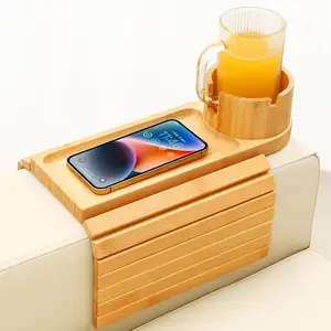 PrimPick Couch Cup Holder Tray, 15.75" Bamboo Cup Holder for Couch, 3 in 1 Foldable Arm Chair Clip on Side Tray Table for Remote Snack Table on Armrest, Modern Side Table Tray