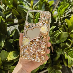 Luxurious Golden Fairy with Crown Mirror Phone Case – Sparkling Bling Rhinestone Design with Chain for 17, 16, 15, 14, 13, 12, 11 Pro Max and Plus Models