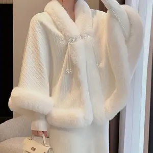 Women'S Elegant Plush Faux Fur Cape Shawl Jacket - Thick Warm Winter Coat with Adjustable Hood, Long Sleeves & Front Pockets, Soft Luxurious Outerwear for Fall/Winter, Cozy Fashion Statement Piece for Mature Women (Hand Washable, Non-Stretch Fit)