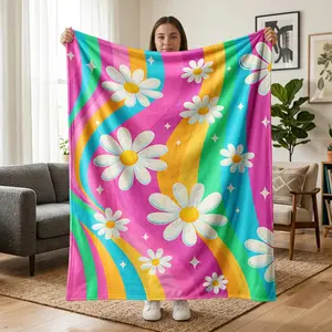 1 pc vintage psychedelic dandelions wavy-pattern flannel blanket, all-over print featuring vibrant waves and fresh dandelion elements, energetic retro style. Soft, warm, and comfortable—a versatile gift blanket suitable for sofas, beds, offices, shawls, c