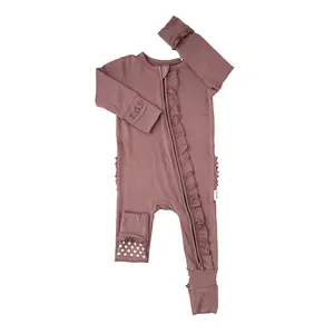 Mauve RUFFLE ZIP Baby Romper - Super Soft Bamboo Viscose, 2-Way Zipper, Mitten Cuff, Fold-Over Foot, Newborn to 24m