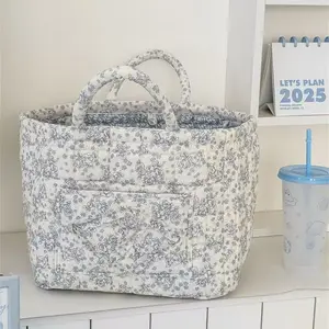 Quilted Floral Cotton Storage Basket - Classic, Durable Square Home Organizer for Laundry, Dorms, Foldable Multi-Use Tote for Small Spaces