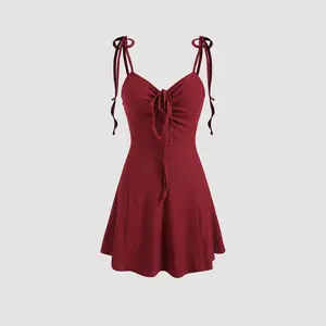 Cider Solid Tie Shoulder Drawstring Mini Dress Dealsforyou