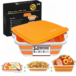 [New deal] Collapsible Large (8L) BBQ Marinating Tub w/ Cutting Board | Multipurpose Food-Grade TPE Prep Tub w/ Lid | Built-In Colander & Drain Plug - For Camping | Tailgate | Picnic - Bold Orange