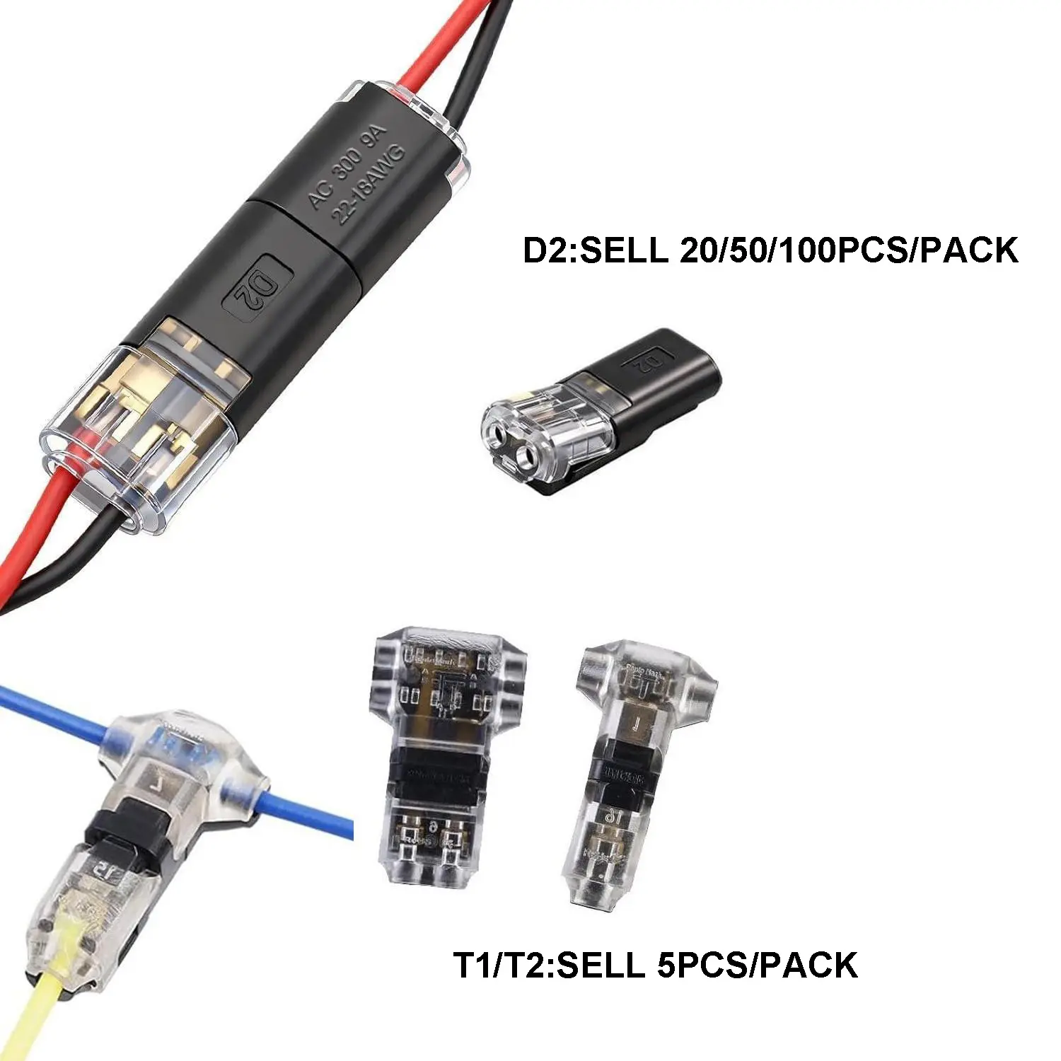 D2/t Type Plug-In LED Connector, No Soldering, No Stripping, Quick Connect Terminal, Tool-Free Plastic Connector, Replacement Parts
