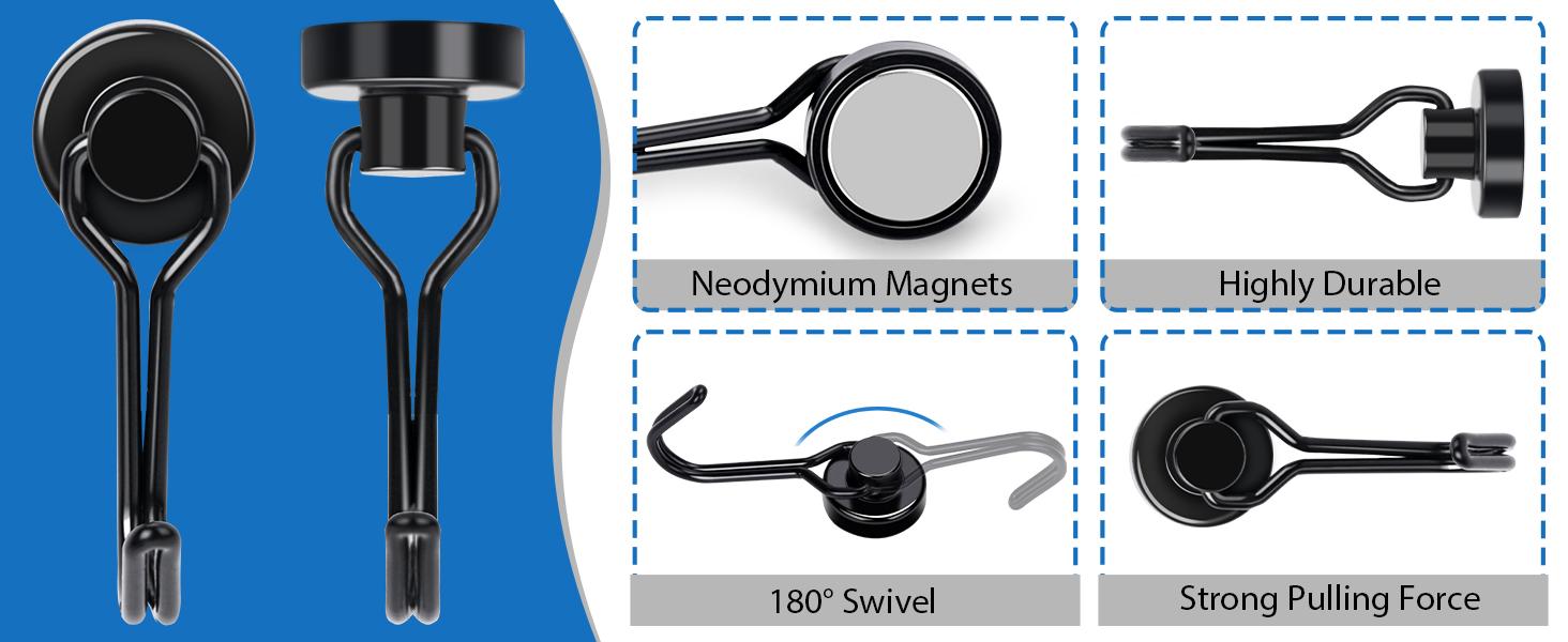 6 Pack Black Magnetic Hooks, 30lbs+ Heavy Duty Strong Magnets, 2026 Cruise Ship Essentials for Cabin, Refrigerator, Grill, Kitchen & Travel Hanging